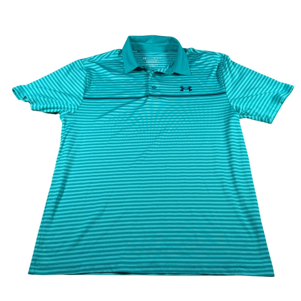 Under Armour Playoff Polo Mens Large Teal Striped Short Sleeve Golf Shirt